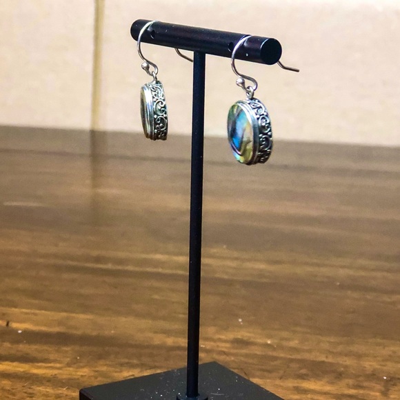 ABALONE Cabochon Sterling Silver Drop Earrings With Scrollwork Around The Bezel - Picture 3 of 10